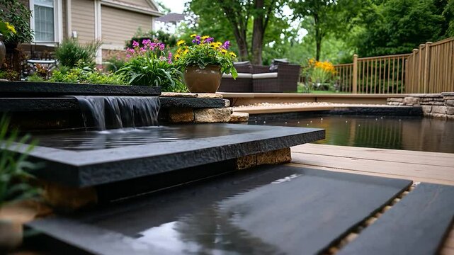 Modern water feature cascading into a backyard pool