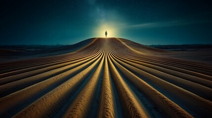 Solo figure stands atop ridge under starry night sky, conveying adventure or journey. Use Inspirational content