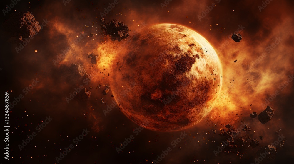 Poster celestial axis through a planet or star, highlighting the vast emptiness of deep space backdrop