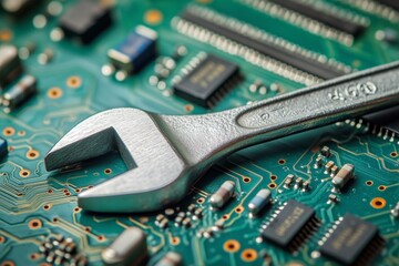 High Detail Close-Up of a Metallic Wrench on a Green Circuit Board With Electronic Components