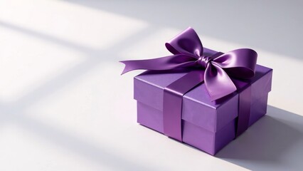 A luxuriously wrapped purple gift box with a satin ribbon bow, bathed in soft sunlight, awaits its recipient.