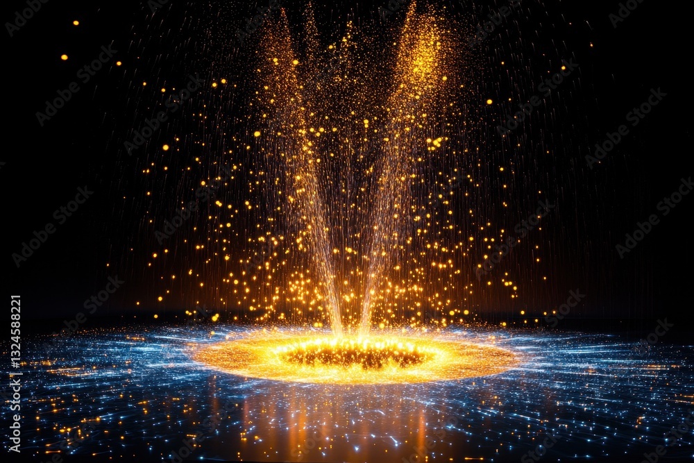 Aufkleber Exploding water fountain creates mesmerizing particles against a dark backdrop, Exploding water fountain particles against a black background