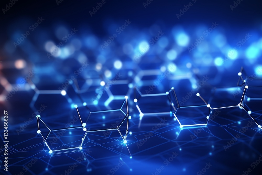 Poster abstract network of 3d hexagons, glowing points on blue - technology, communication background