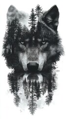 Wolf's gaze within the forest's heart a monochrome double exposure design