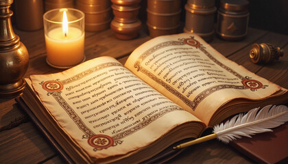 Elegant Slavic manuscript in warm candlelight, rich literary heritage