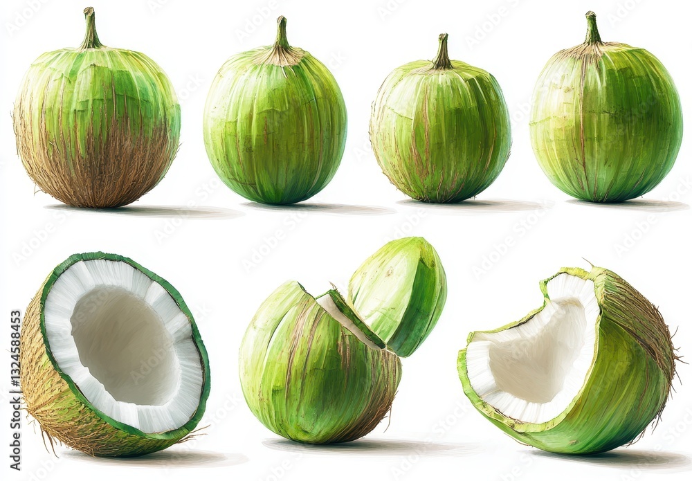 Poster fresh green coconut collection with various angles and cross-section showing edible flesh and water 