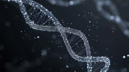 Grey DNA with polygon line on black abstract background. Polygonal space low poly with connecting dots and lines. Connection structure. Vector science background.