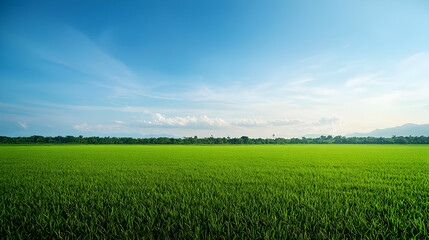 Obraz premium Expansive Green Field Under A Bright Blue Sky with Sunlight and Horizon in Daylight