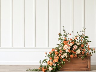 Naklejka premium Beautiful floral arrangement in shades of orange and cream roses cascading from a wooden box, event decor.