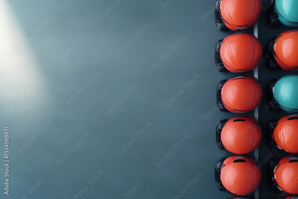 Poster top-down view of karting helmets arranged neatly in storage rack with sunlight streaming through