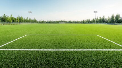 This image showcases a pristine well maintained sports field covered in lush vibrant green turf  The field is surrounded by a spacious outdoor environment