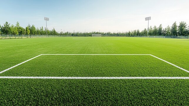 This image showcases a pristine well maintained sports field covered in lush vibrant green turf  The field is surrounded by a spacious outdoor environment