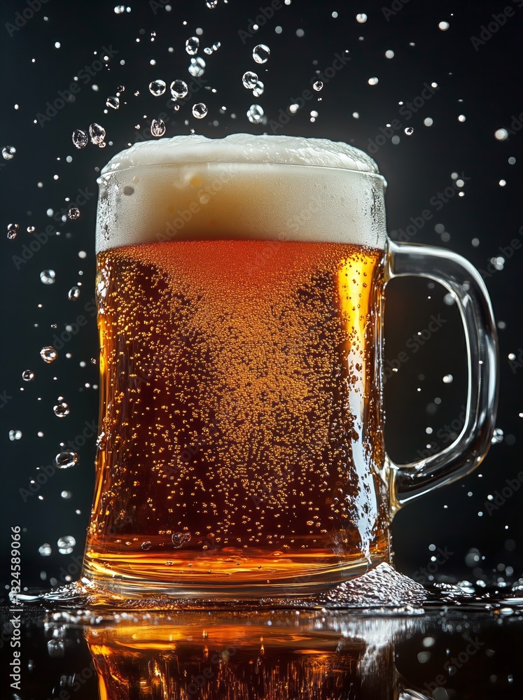 Poster refreshing beer with frothy foam splashing in dark background at celebratory moment