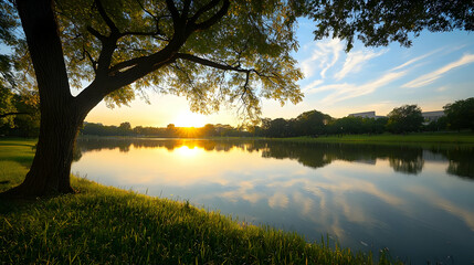 Fototapeta premium Tranquil Sunset Over Lake Reflecting Sunlight And Sky With Tree In Foregroud