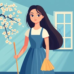 Housewife doing house cleaning during spring cleaning.