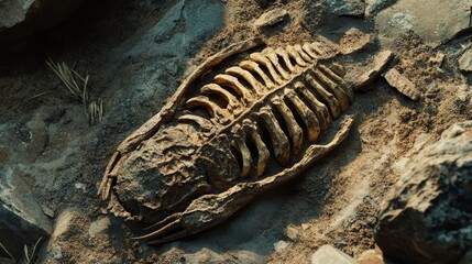 Naklejka premium The fossilized remains of an extinct trilobite preserved in rock. 