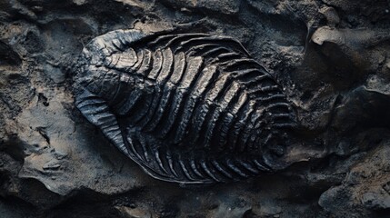 The fossilized remains of an extinct trilobite preserved in rock. 