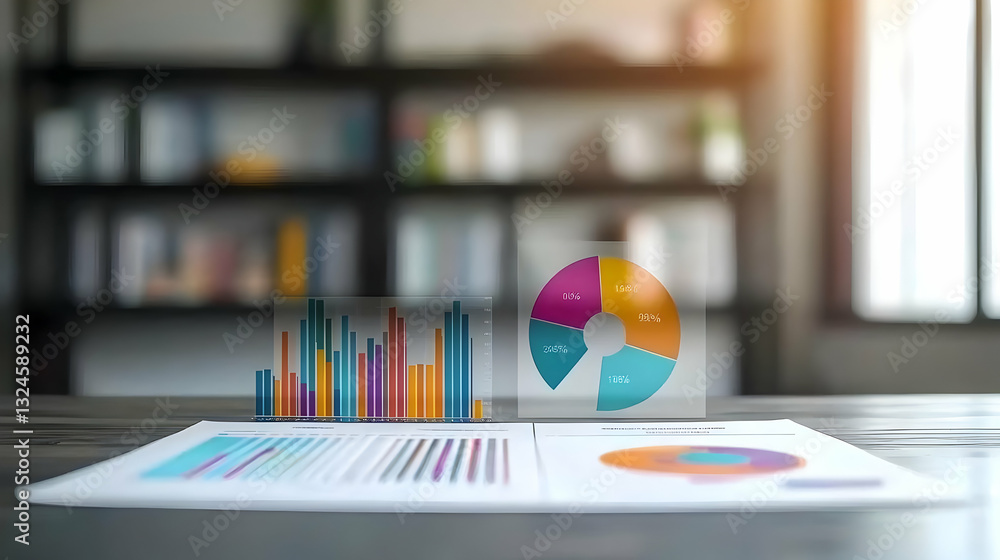 Poster colorful charts and graphs on a white paper over a wooden table in a bright office setting with a bo
