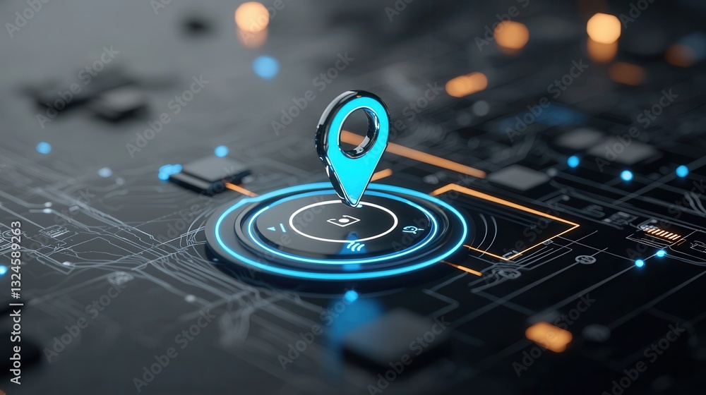 Poster futuristic digital landscape featuring a glowing neon map marker and abstract technological elements
