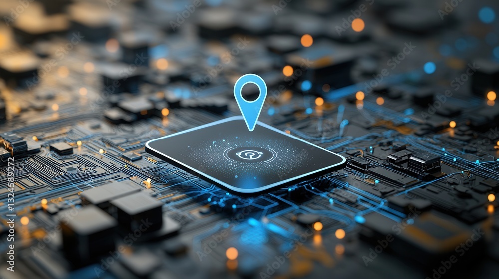 Poster a futuristic and highly advanced cybernetic world navigation theme featuring a floating location mar