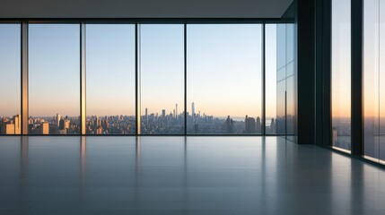 Naklejka premium vast expanse of panoramic glass overlooks urban skyline during golden hour illuminating sleek architecture with warm