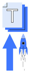 Stack of documents, upward arrow, and rocket symbolizing growth, progress, success, productivity, innovation, and future goals. Ideal for business technology startup growth and education flat