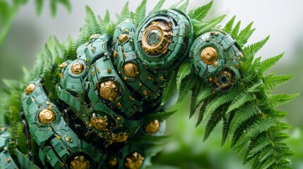 Fototapeta premium Futuristic robotic caterpillar with green metallic armor and gold accents, seamlessly integrated with lush fern leaves. A perfect blend of nature and advanced technology in a biomechanical ecosystem.