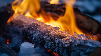A detailed shot of frost forming on a burning log, the ice and fire coexisting in contrast.