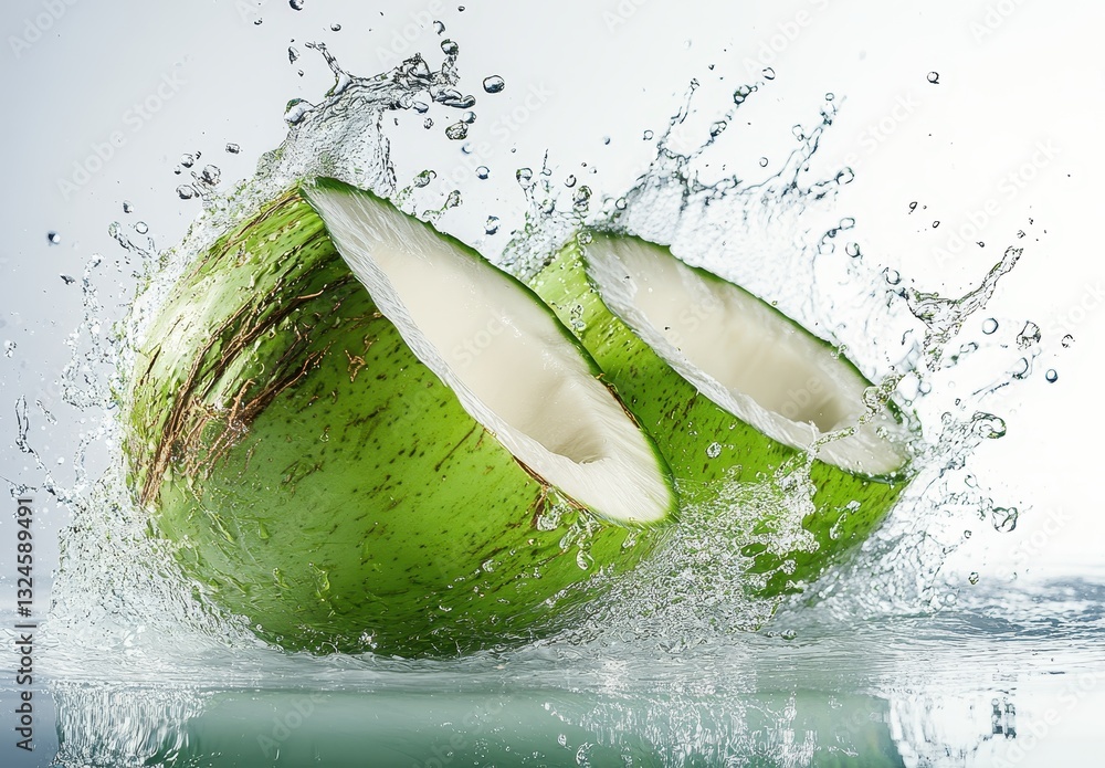 Poster Fresh Green Coconut Slices Splashing in Water Creating Dynamic Waves and Droplets Against a Light Background for Refreshing Beverage Concept