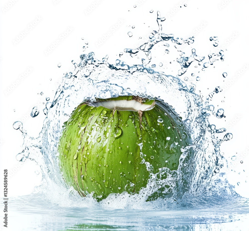 Poster fresh green coconut splashing into clear water with vibrant splash and droplets creating dynamic sce