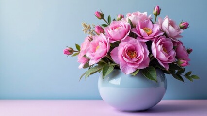 Naklejka premium A delicate arrangement of light pink roses in a pastel blue vase, a symbol of springtime beauty and gentle grace.