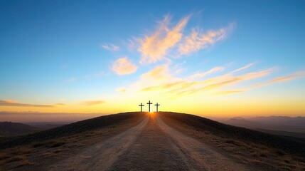Naklejka premium Three illuminated crosses stand majestically on a distant hill silhouetted against a vibrant sunset sky This serene and symbolic landscape evokes a sense of faith contemplation