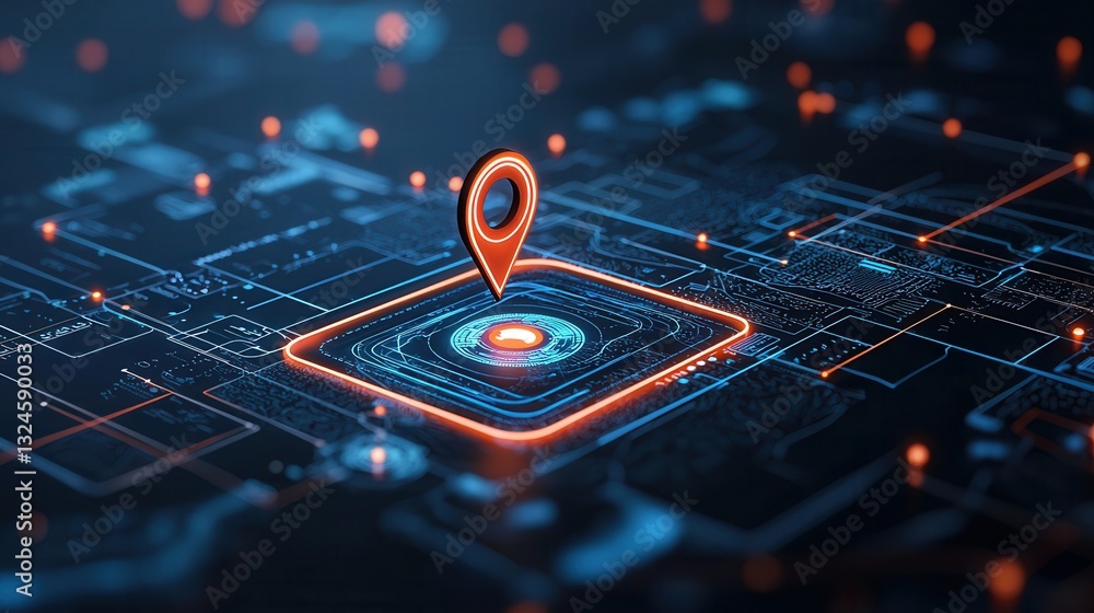 Aufkleber this visually striking image depicts a futuristic digital global map with a glowing location indicat