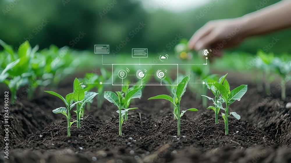 Poster a dynamic and innovative smart farming scene showcasing the growth of corn seedlings emerging from t