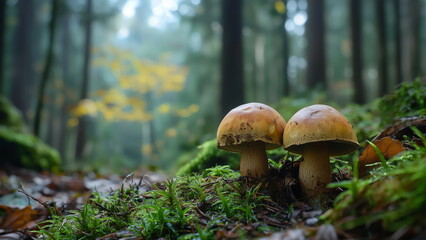 Mushroom grow on the moist and damp forest ground, the soft, earthy ground is covered in decaying leaves, moss, and rich soil, creating the perfect environment