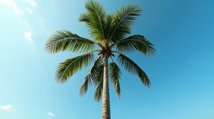 A single palm tree reaches towards a vibrant blue sky, its lush green fronds gently swaying in the warm breeze, a picturesque scene of tropical serenity and tranquil beauty.