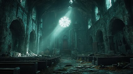 Eerie glow amidst ruins: Abandoned cathedral with light streaming through window