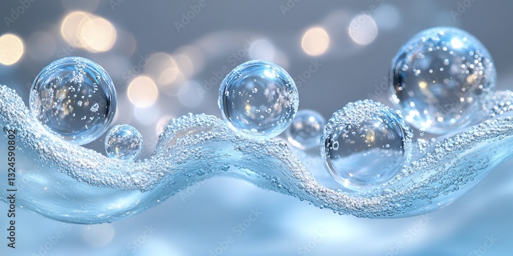 Poster sparkling water bubbles flowing on a wave abstract background image
