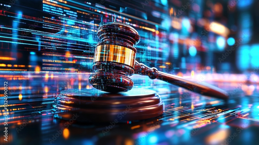 Aufkleber digital representation of justice with gavel symbolizing law and verdict in a tech-driven world