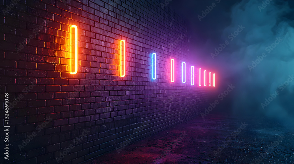 Poster abstract composition of illuminated neon rectangles against a brick wall creating a modern geometric