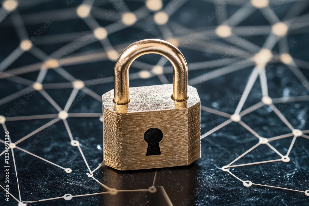 Poster digital security concept with padlock icon symbolizing data protection and network connections, padl