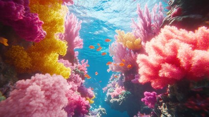 Vibrant coral reef, colorful fish, underwater scene