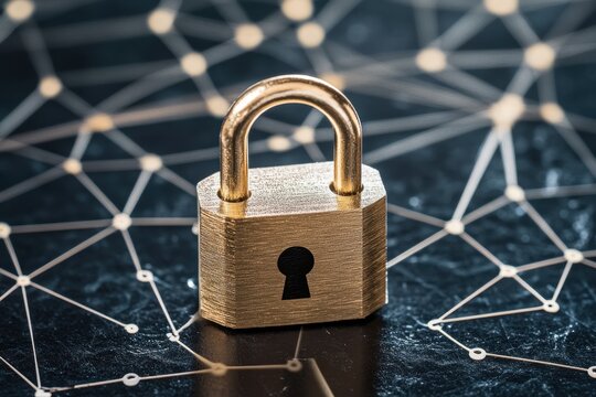 Digital security concept with padlock icon symbolizing data protection and network connections, padlock icon with connections over digital data processing on dark background - Powered by Adobe