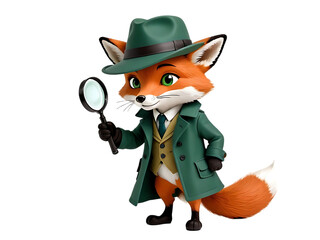 A charming cartoon fox detective in a green trench coat, holding a magnifying glass, ready for an investigation.