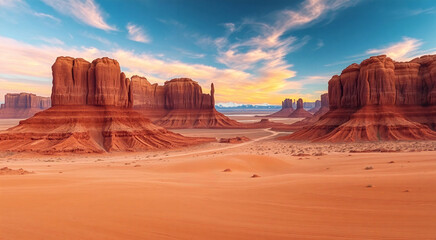 Majestic rock formations at sunset in a desert landscape. The warm, earthy tones create a serene and picturesque scene.