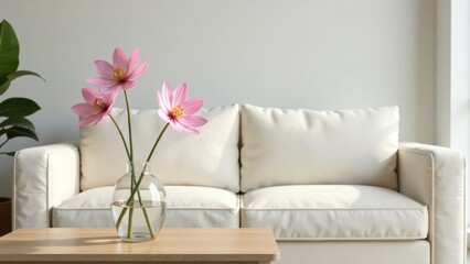 Serene living room arrangement featuring a minimalist off-white sofa and a delicate bouquet of pink flowers in a clear glass vase on a light wood coffee table