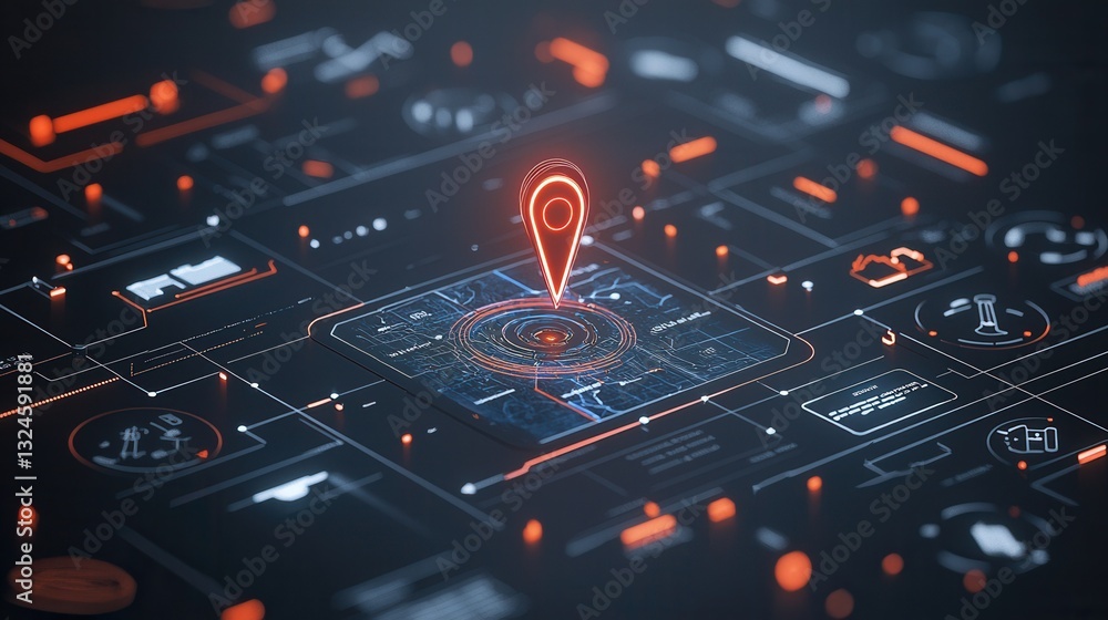 Poster this image depicts a complex futuristic interface showcasing a dynamic map with various data visuali