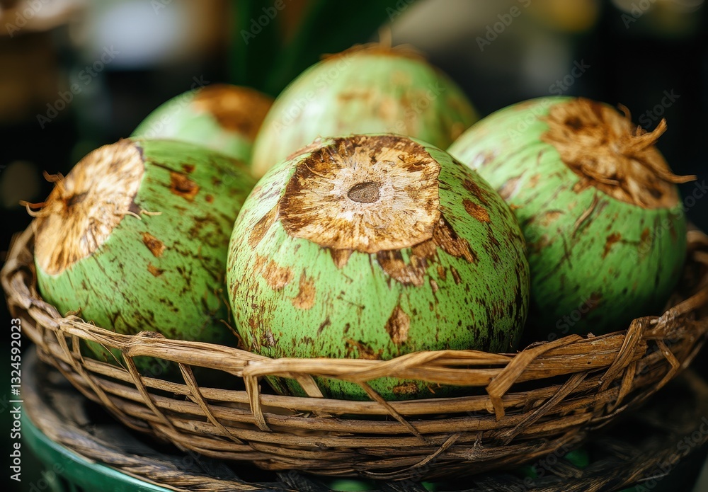 Poster fresh green coconuts in a rattan basket on a rustic table background with natural light highlighting