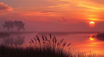 A stunning sunrise over a foggy lake with silhouetted trees and reeds. The serene scene captures the tranquility of nature at dawn.