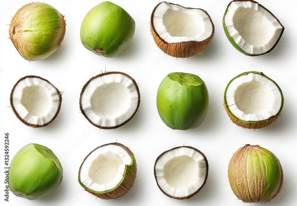 Aufkleber fresh green coconuts in various stages of shelling displayed on a simple background for culinary or 